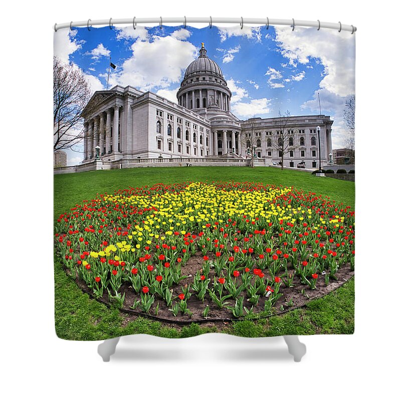 Wi Shower Curtain featuring the photograph Wisconsin Capitol and Tulips by Steven Ralser