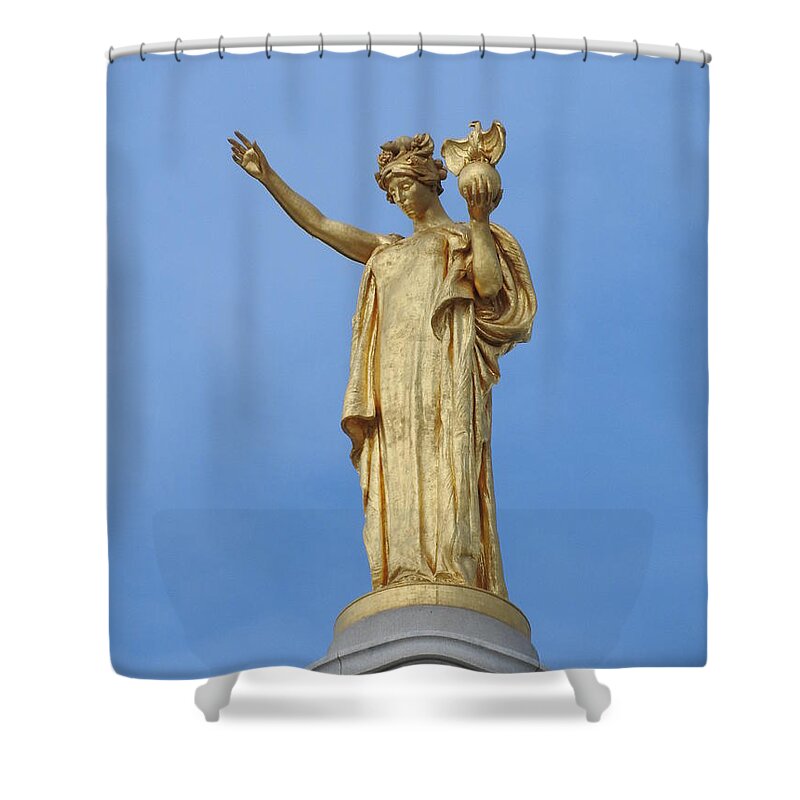 Madison; Gold-gilded Bronze Statue; Statue; Wisconsin; Golden Lady; Miss Forward; Wisconsin State Capitol; Still Life; Sculpture; Daniel Chester French; Shower Curtain featuring the photograph Wisconsin by Janice Adomeit