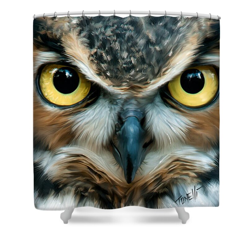 Owls Shower Curtain featuring the mixed media Night Owl, Wisdom by Mark Tonelli