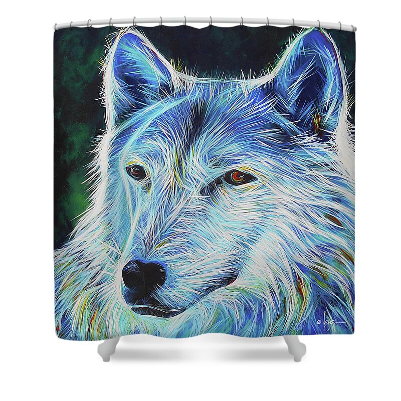 Art Shower Curtain featuring the painting Wise White Wolf by Angela Treat Lyon