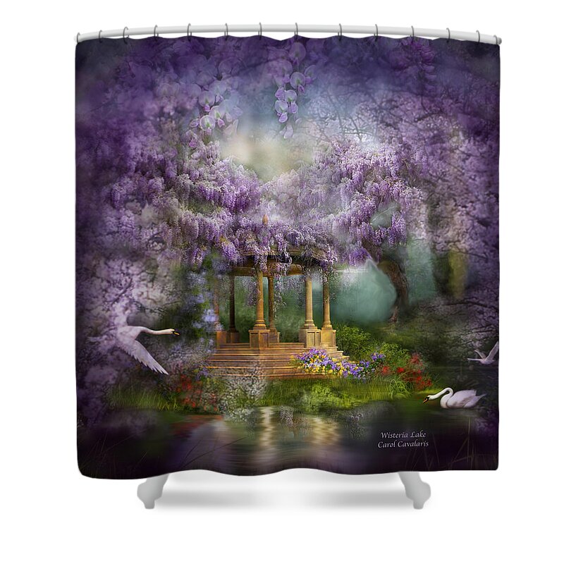 Wisteria Shower Curtain featuring the mixed media Wisteria Lake by Carol Cavalaris
