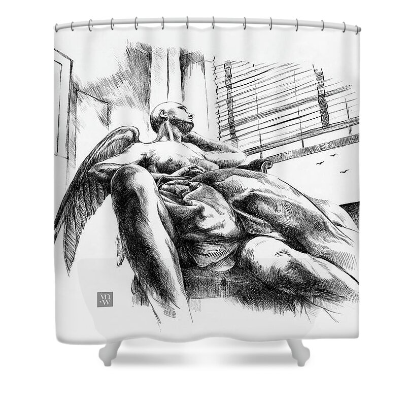 Angel Shower Curtain featuring the drawing Wistful Muse by Yvonne Wright