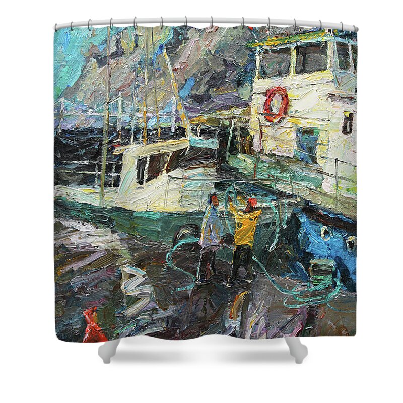 Sea Shower Curtain featuring the painting With the dad by Juliya Zhukova
