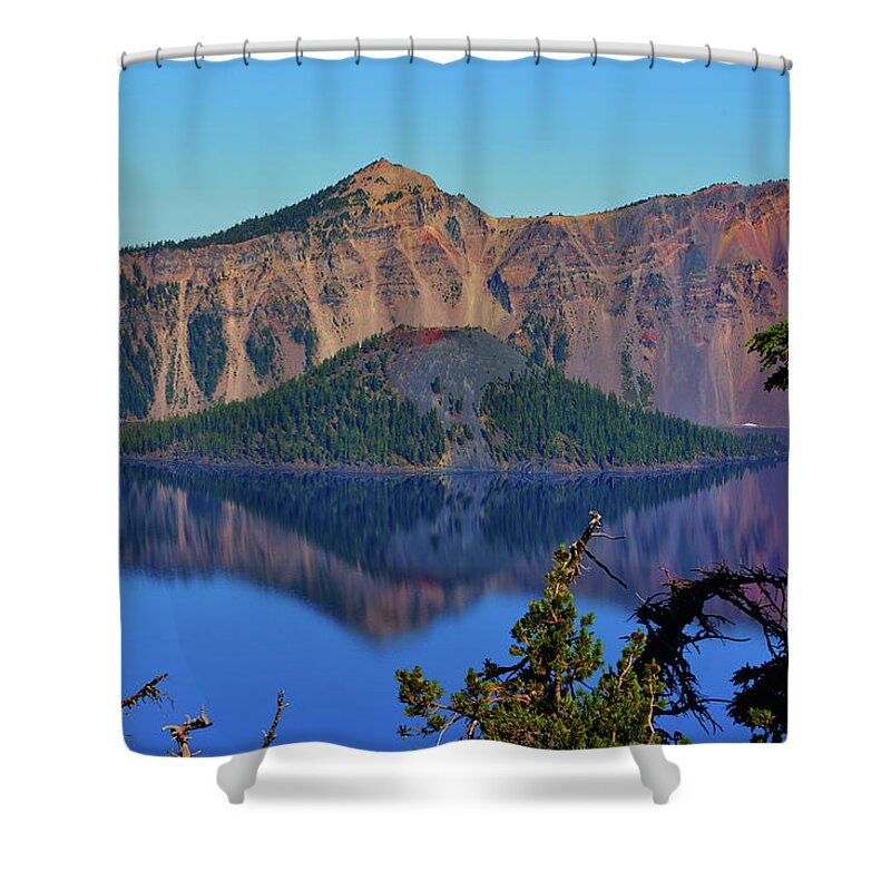Wizard Island Shower Curtain featuring the photograph Wizard Island Reflections by Greg Norrell