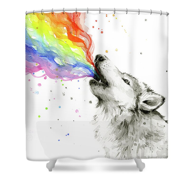 Watercolor Shower Curtain featuring the painting Wolf Rainbow Watercolor by Olga Shvartsur