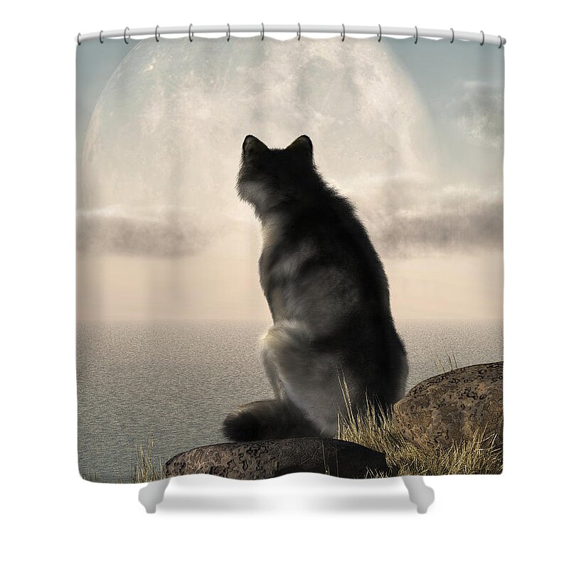 Wolf Watching The Moonrise Shower Curtain featuring the digital art Wolf Watching The Moonrise by Daniel Eskridge