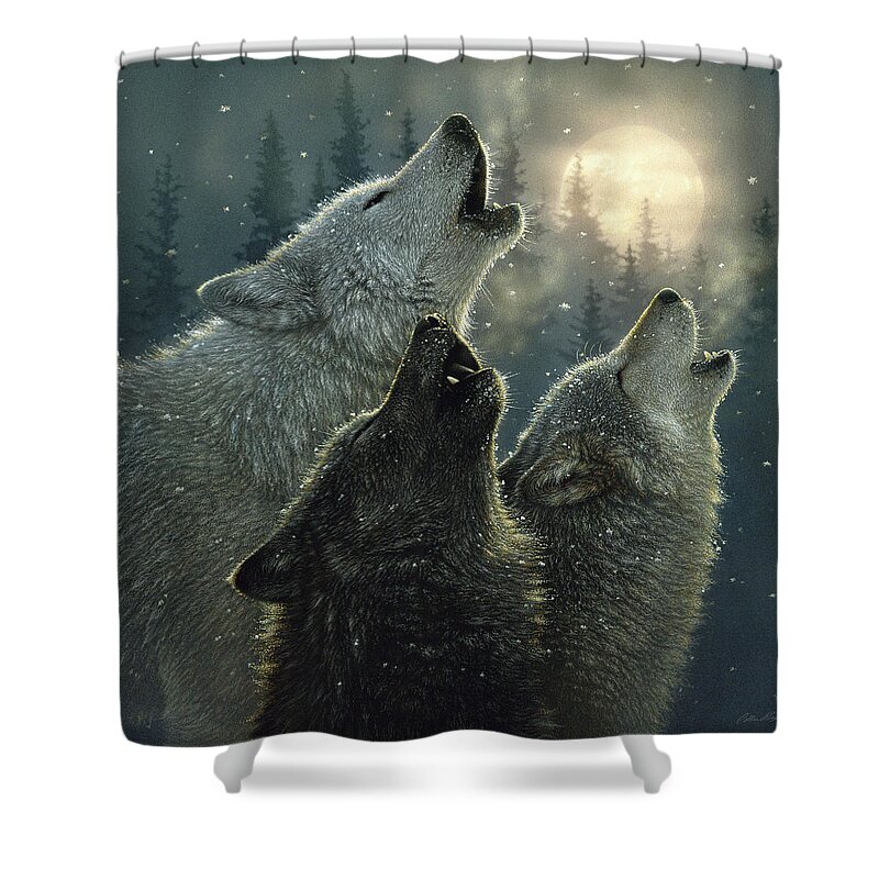 Wolves Shower Curtain featuring the painting Wolves Howling Moon - In Harmony by Collin Bogle
