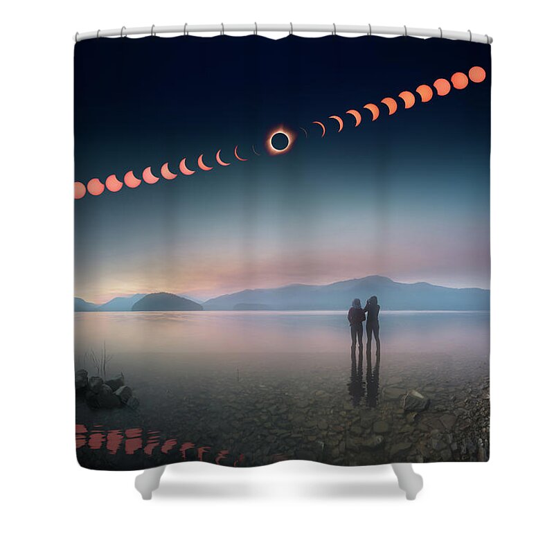 2017 Shower Curtain featuring the photograph Woman and girl standing in lake watching solar eclipse by William Lee