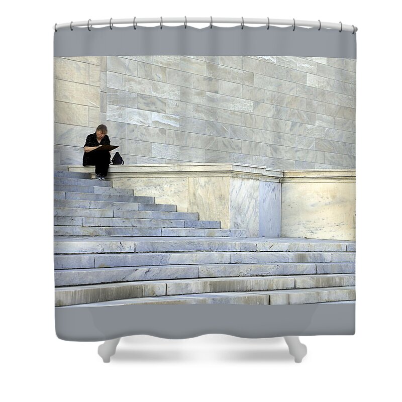 Horizontal Shower Curtain featuring the photograph Woman in Black on Marble Steps by Valerie Collins