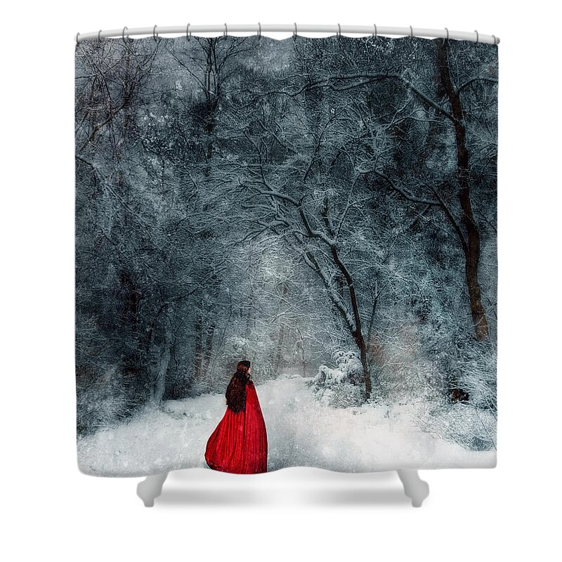 Walking Shower Curtain featuring the photograph Woman in Red Cape Walking in Snowy Woods by Jill Battaglia