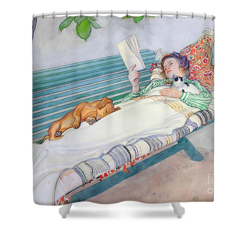 Woman Shower Curtain featuring the painting Woman Lying on a Bench by Carl Larsson