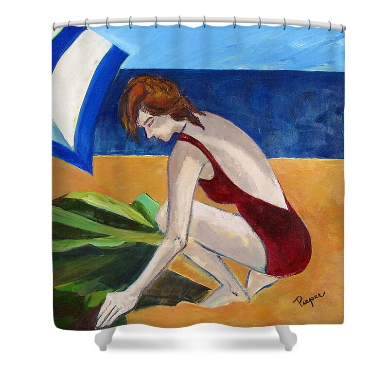 Beach Shower Curtain featuring the painting Woman on the Beach by Betty Pieper