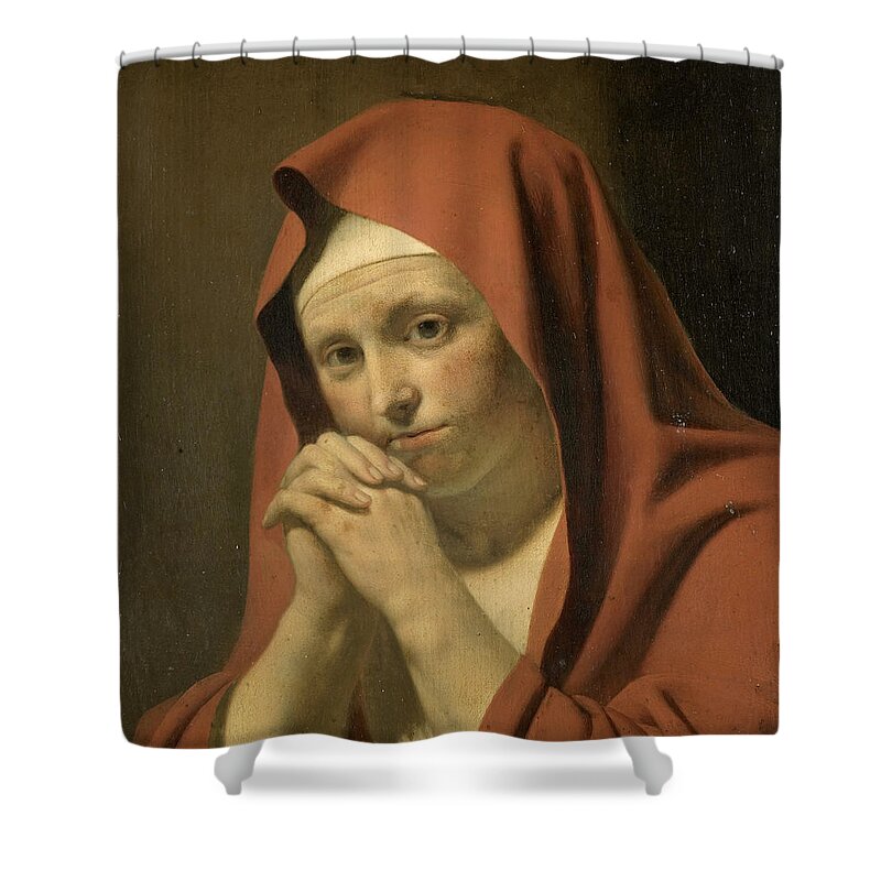 Circle Of Caesar Van Everdingen Shower Curtain featuring the painting Woman Praying by Circle of Caesar van Everdingen