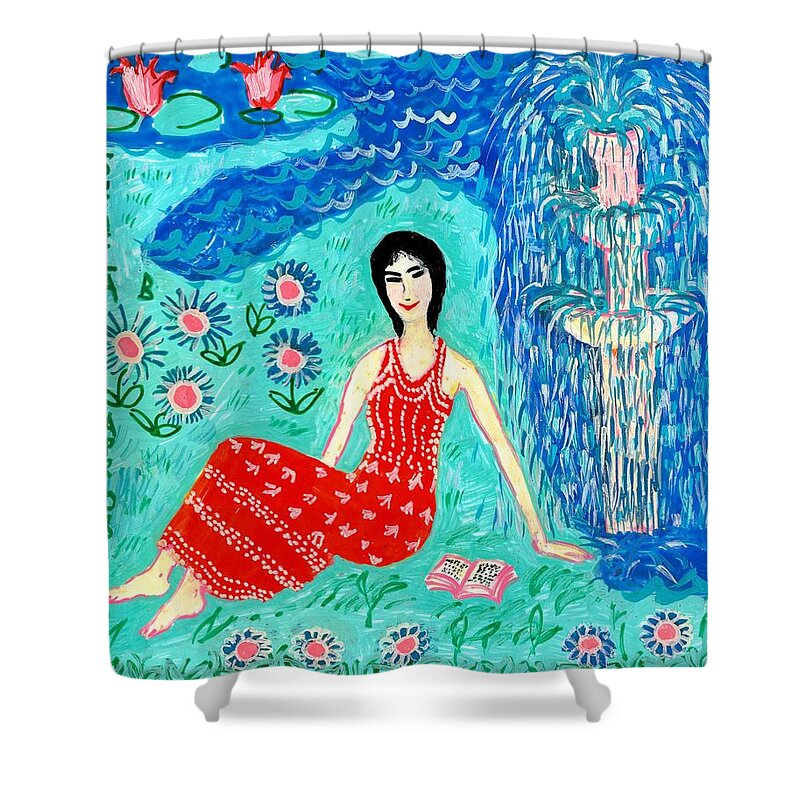 Sue Burgess Shower Curtain featuring the painting Woman Reading beside Fountain by Sushila Burgess