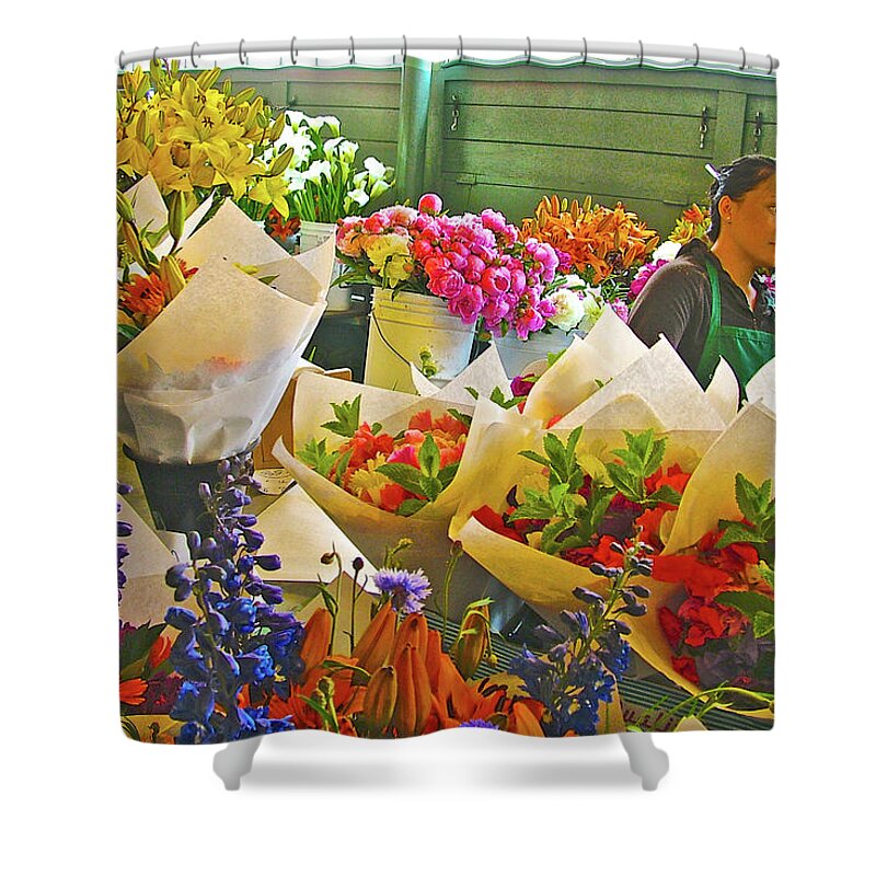 Woman Selling Flowers In Pike Street Market In Seattle Shower Curtain featuring the photograph Woman Selling Flowers in Pike Street Market in Seattle, Washington by Ruth Hager