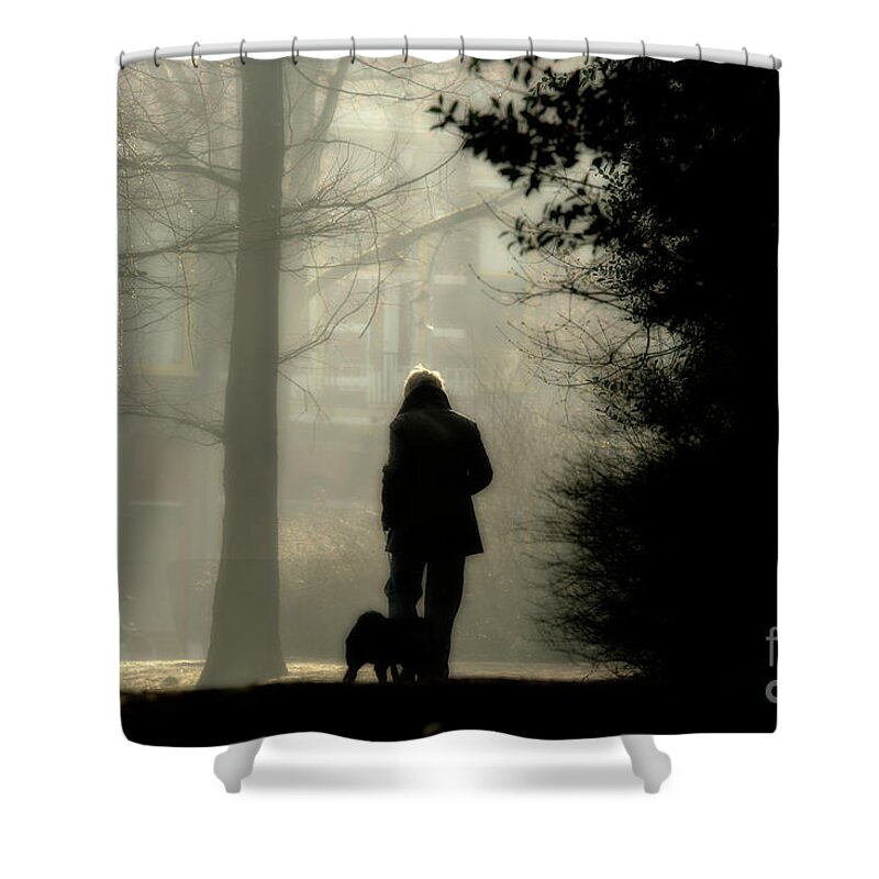 Morning Shower Curtain featuring the photograph Woman walking dog by Patricia Hofmeester