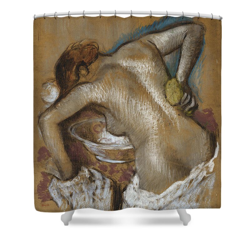 Woman Washing Her Back With A Sponge Shower Curtain featuring the pastel Woman Washing Her Back with a Sponge by Edgar Degas
