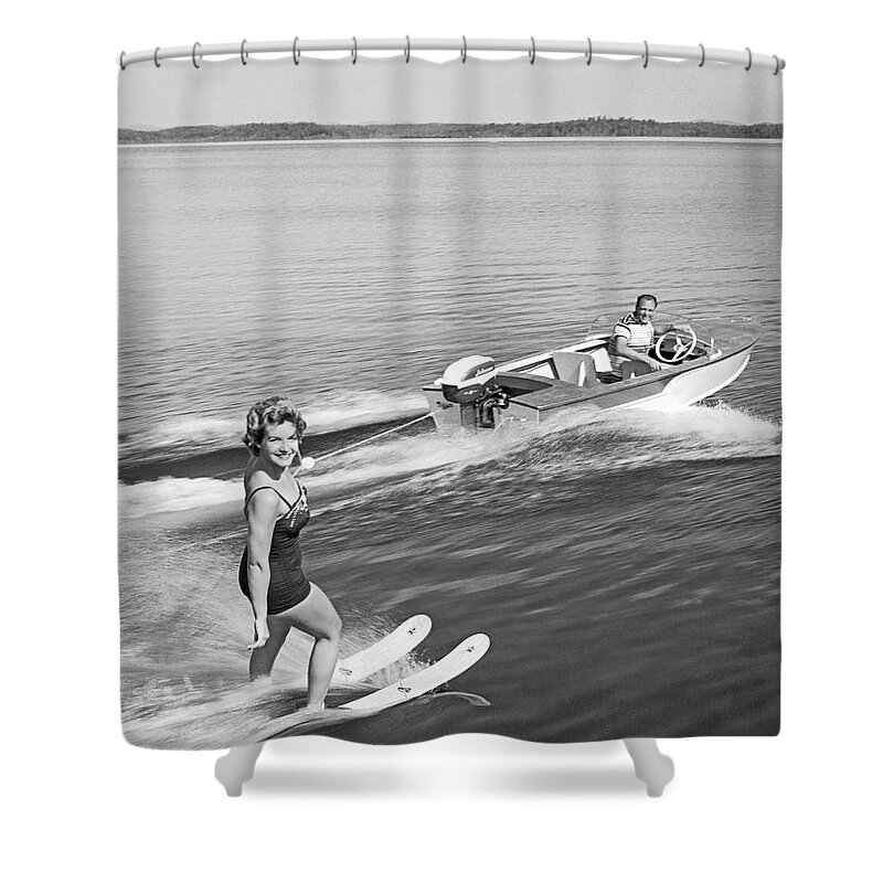 1950s Shower Curtain featuring the photograph Woman Water Skiing by Underwood Archives