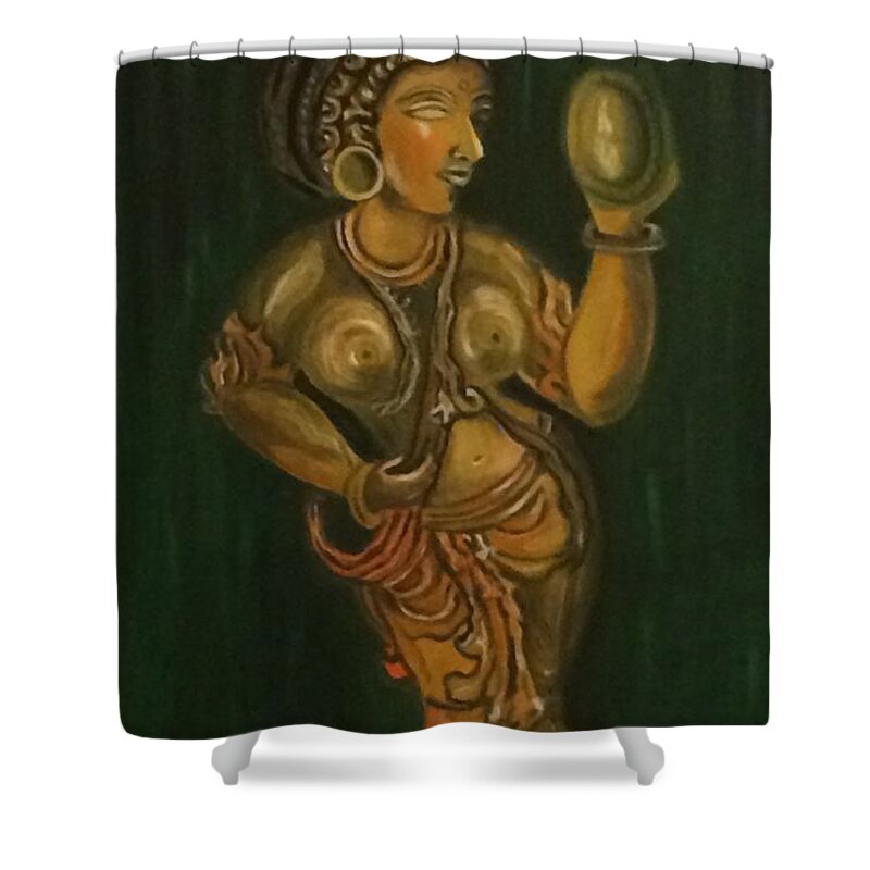 Painting Of Sculptures Shower Curtain featuring the painting Woman with a mirror sculpture by Brindha Naveen