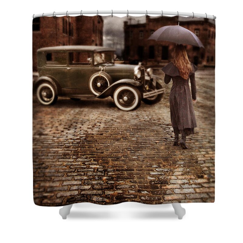 Woman Shower Curtain featuring the photograph Woman with Umbrella by Vintage Car by Jill Battaglia
