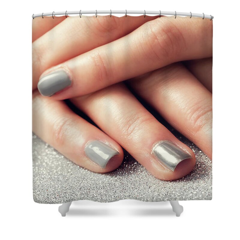 Nail Shower Curtain featuring the photograph Woman's nails with shiny silver hybrid manicure by Michal Bednarek