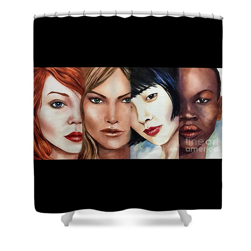 Stronger Together Shower Curtain featuring the painting Women of the World by Michal Madison