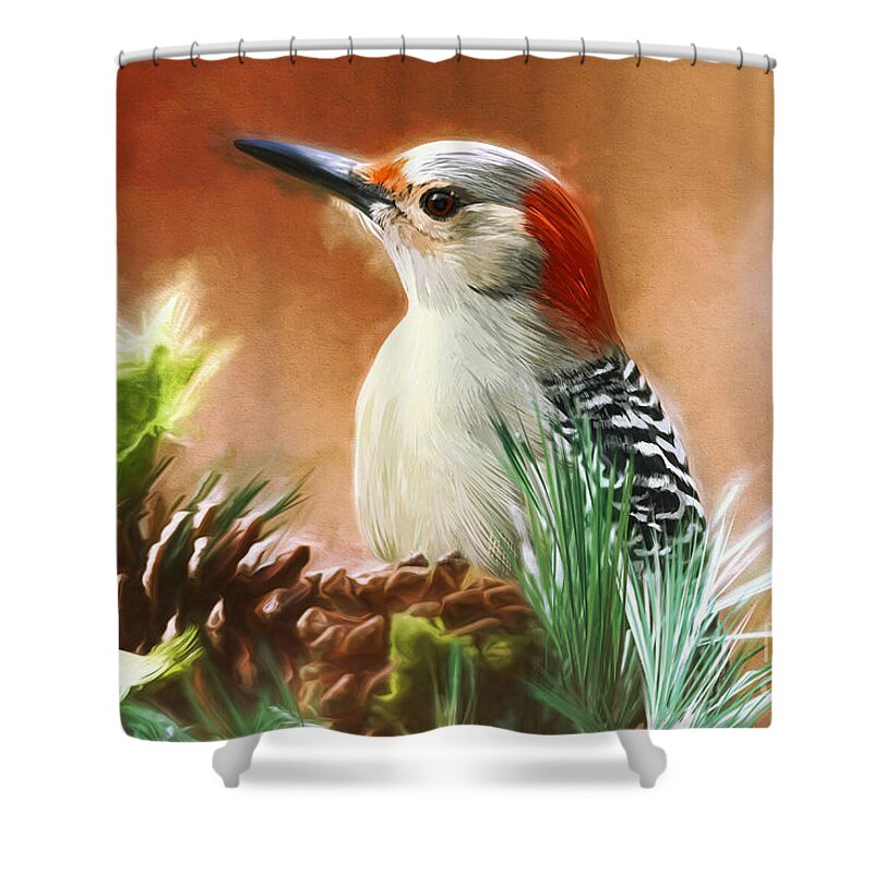 Woodpecker Shower Curtain featuring the painting Wonderful Woodpecker by Tina LeCour
