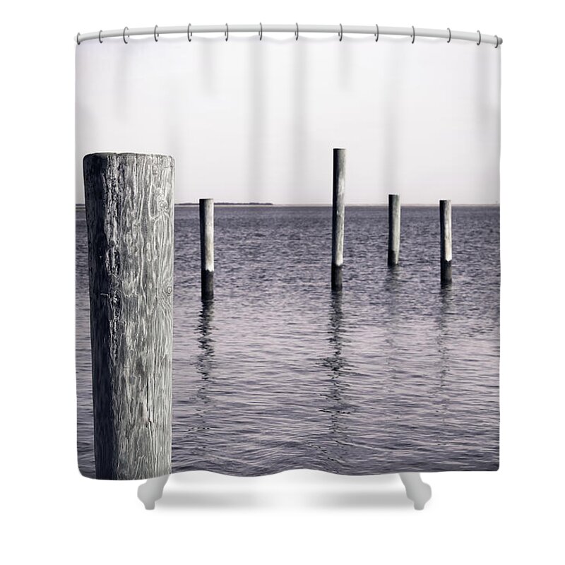 Wood Pilings Shower Curtain featuring the photograph Wood Pilings in Monotone by Colleen Kammerer