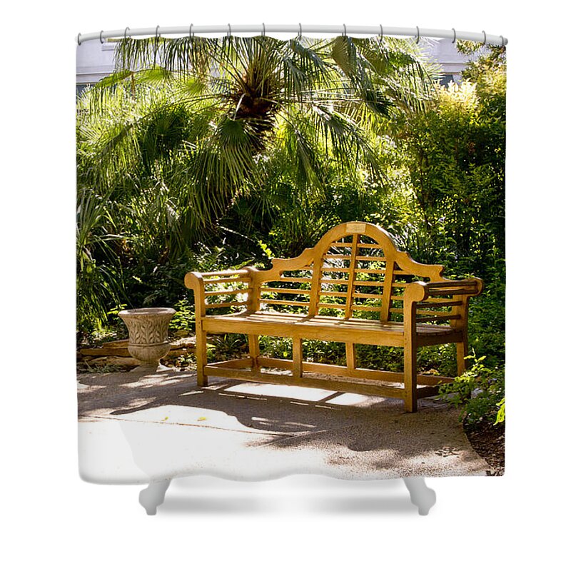Bench Shower Curtain featuring the photograph Wooden Bench in Alamo by Elena Perelman