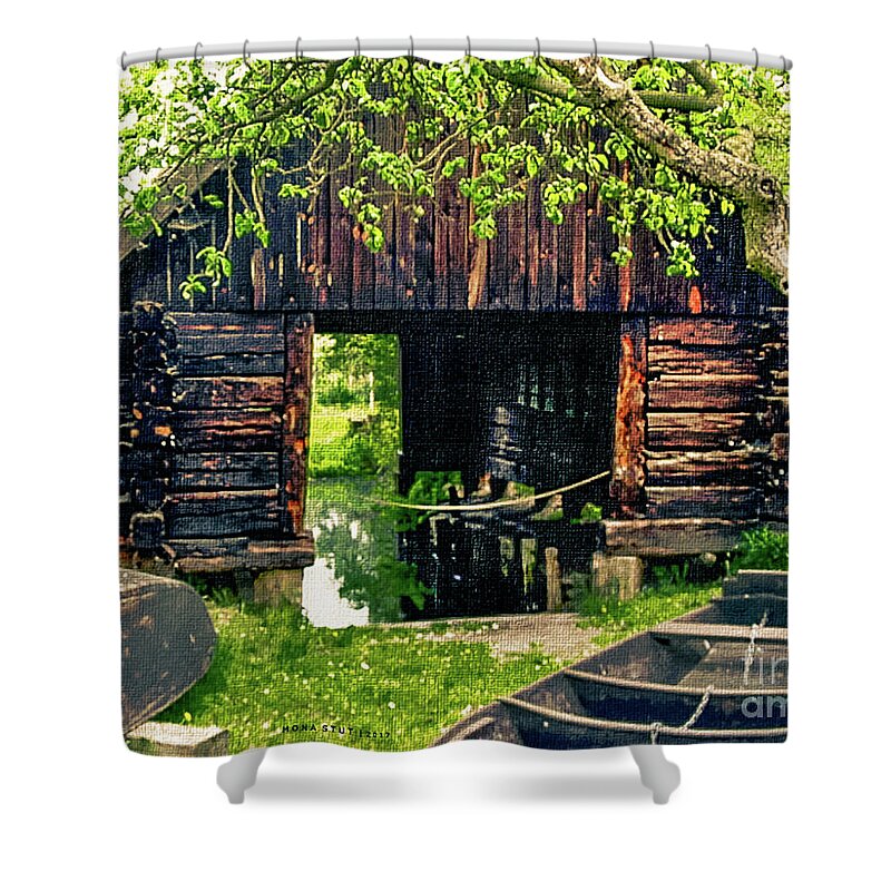 Mona Stut Shower Curtain featuring the digital art Wooden Boats House Reflections by Mona Stut