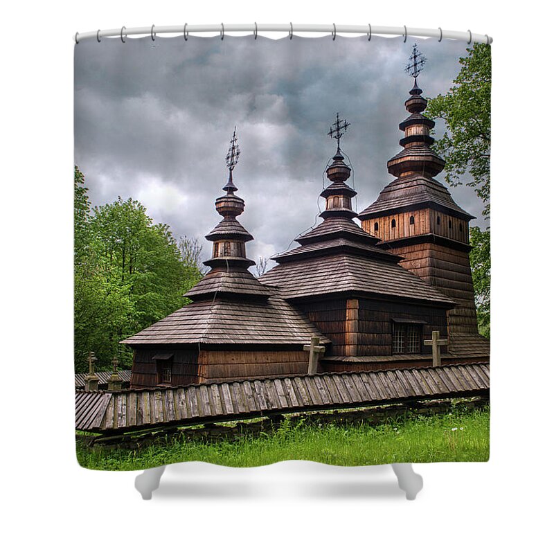 Wooden Shower Curtain featuring the photograph Wooden church of st. Kosma and Damian by Jaroslaw Blaminsky