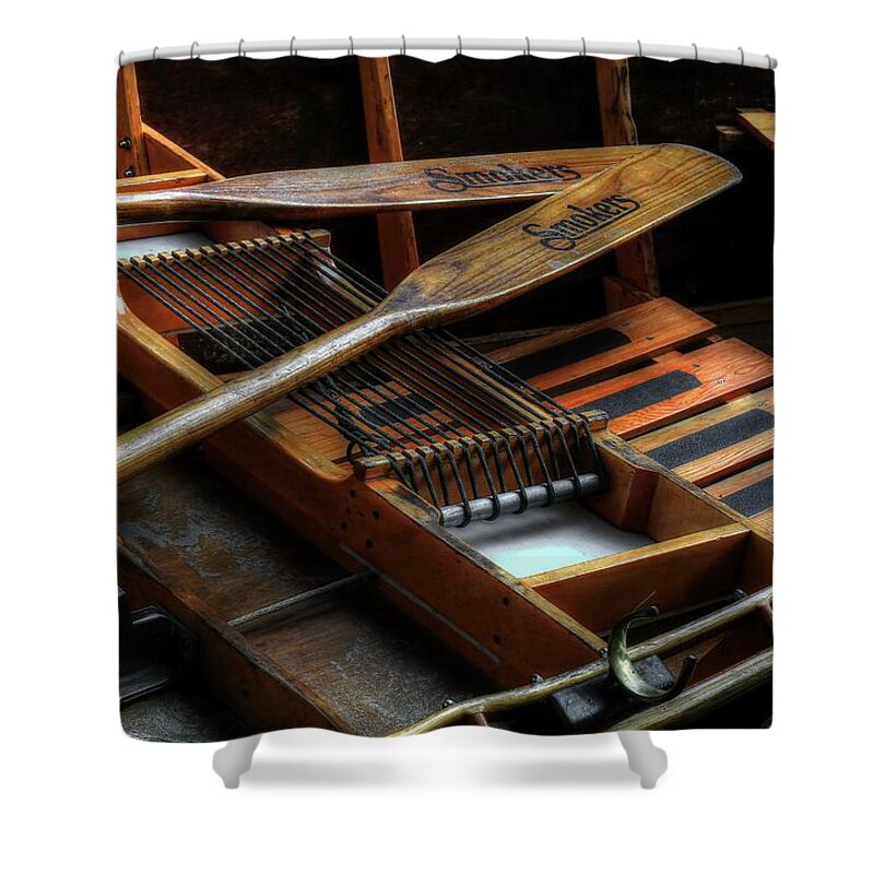 Wooden Rowboat Shower Curtain featuring the photograph Wooden Rowboat And Oars by Carol Montoya
