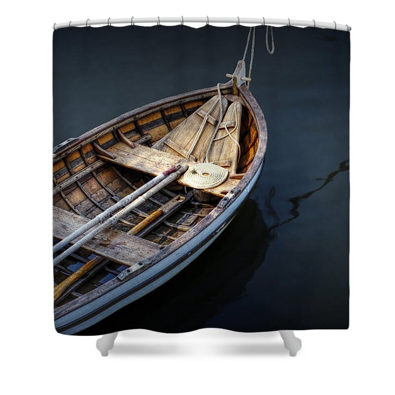 Jamestown Shower Curtain featuring the photograph Wooden Rowboat Dingy in the Harbor at Jamestown by Randall Nyhof