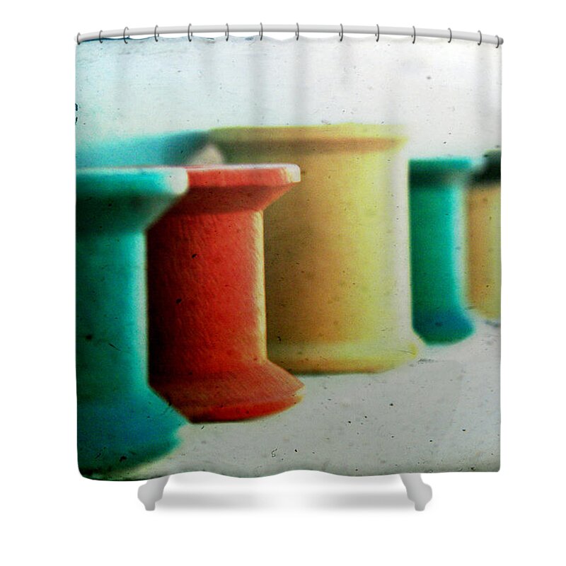 Spools Shower Curtain featuring the photograph Wooden Sewing Spools by Toni Hopper