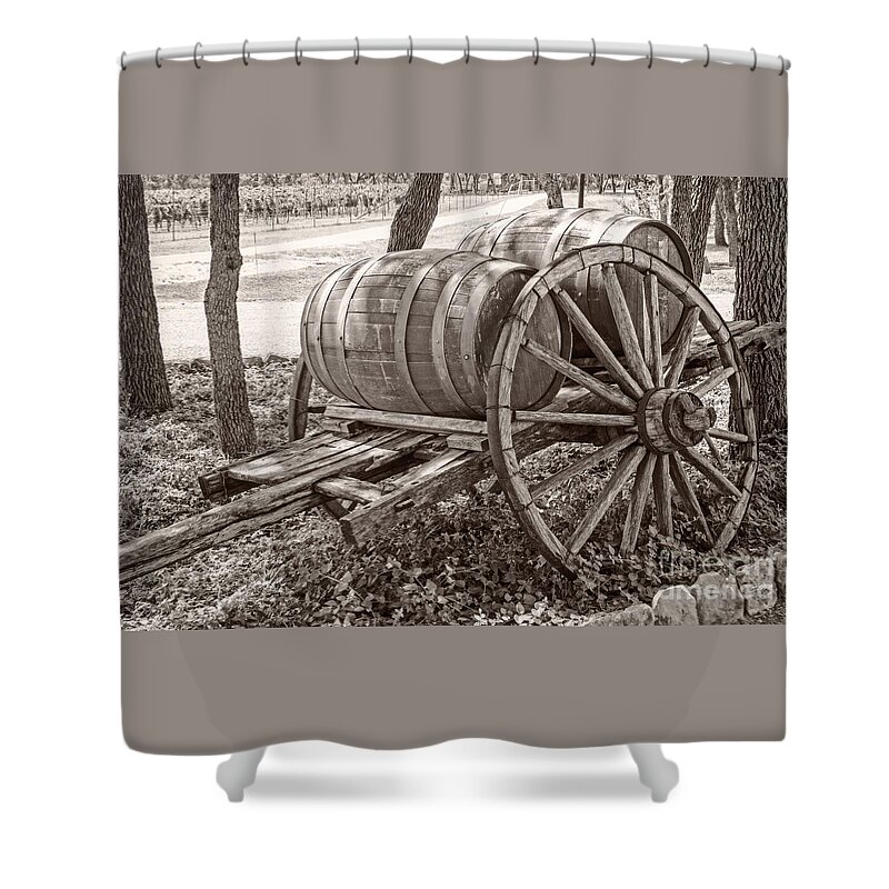 Wooden Wine Barrels Shower Curtain featuring the photograph Wooden wine barrels on cart by Imagery by Charly