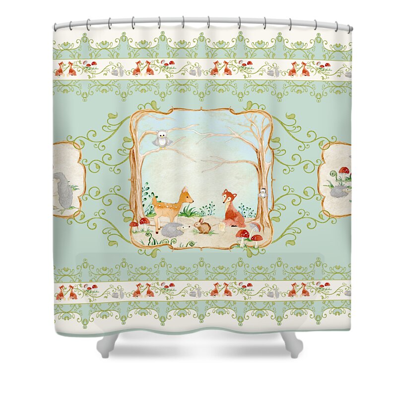 Wood Shower Curtain featuring the painting Woodland Fairy Tale - Aqua Blue Forest Gathering of Woodland Animals by Audrey Jeanne Roberts