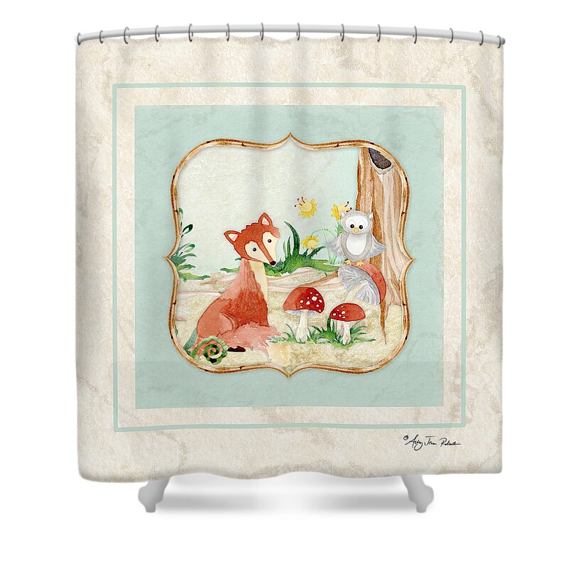 Red Fox Shower Curtain featuring the painting Woodland Fairy Tale - Fox Owl Mushroom Forest by Audrey Jeanne Roberts
