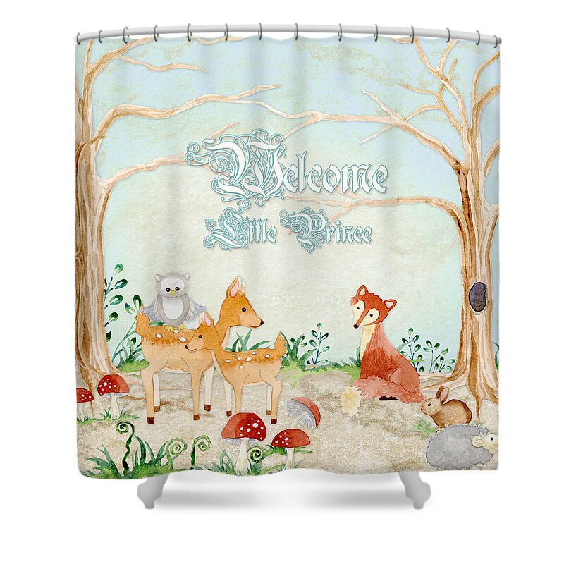 Woodchuck Shower Curtain featuring the painting Woodland Fairy Tale - Welcome Little Prince by Audrey Jeanne Roberts