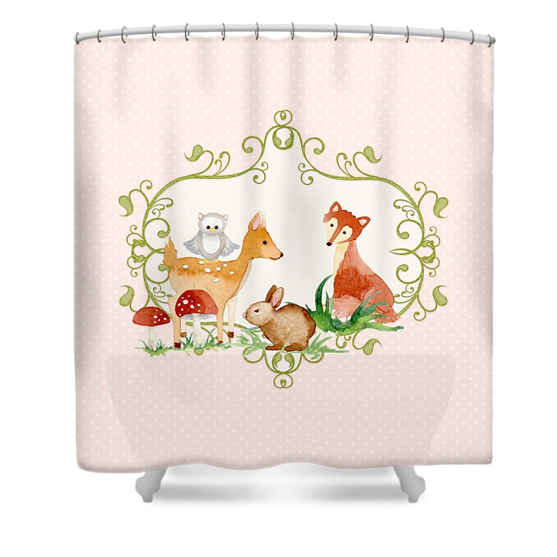 Woodland Shower Curtain featuring the painting Woodland Fairytale - Animals Deer Owl Fox Bunny n Mushrooms by Audrey Jeanne Roberts