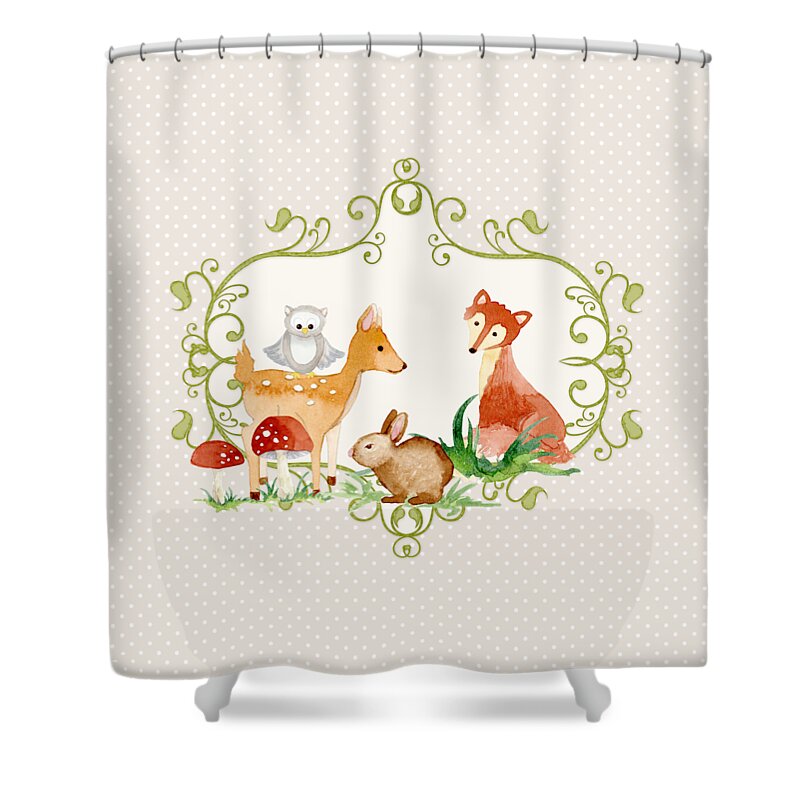 Grey Shower Curtain featuring the painting Woodland Fairytale - Grey Animals Deer Owl Fox Bunny n Mushrooms by Audrey Jeanne Roberts