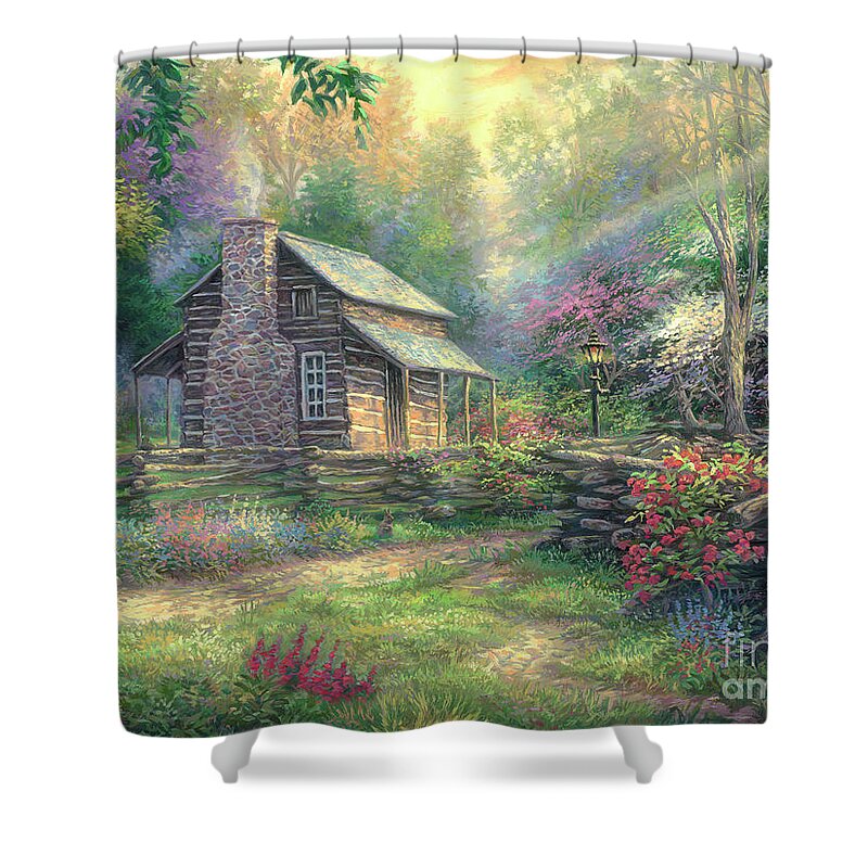 Cabin Art Shower Curtain featuring the painting Woodland Oasis by Chuck Pinson
