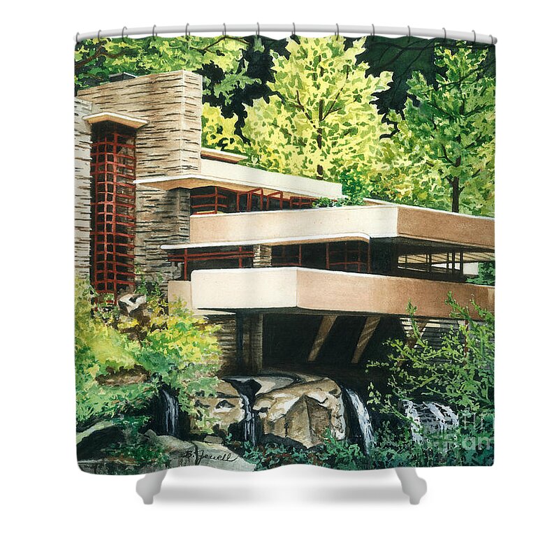 Watercolor Trees Shower Curtain featuring the painting Fallingwater-a Woodland Retreat by Frank Lloyd Wright by Barbara Jewell
