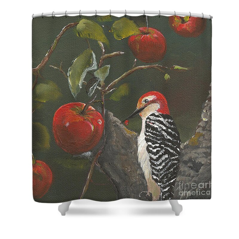 Woodpecker Shower Curtain featuring the painting Woodpecker in Apple Tree by Jan Dappen