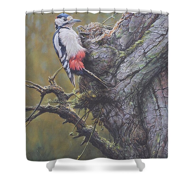 Wildlife Paintings Shower Curtain featuring the painting Woodpecker on Tree by Alan M Hunt