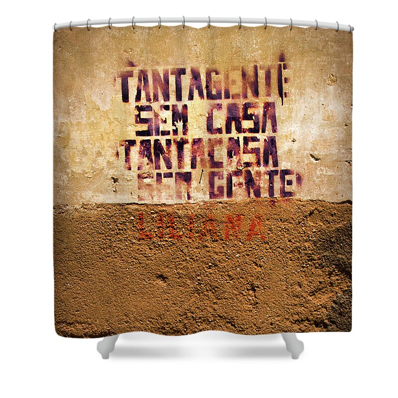 Wall Shower Curtain featuring the photograph Words painted on Yellow Wall by Carlos Caetano