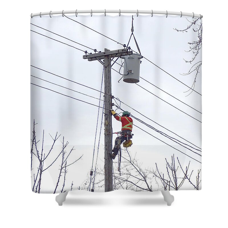Power Poles Shower Curtain featuring the photograph Worker On Telephone Pole by Scimat