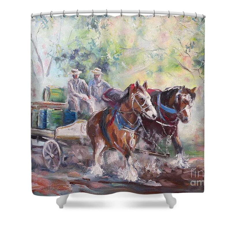 Clydesdale Shower Curtain featuring the painting Working Clydesdale Pair, Victoria Breweries. by Ryn Shell