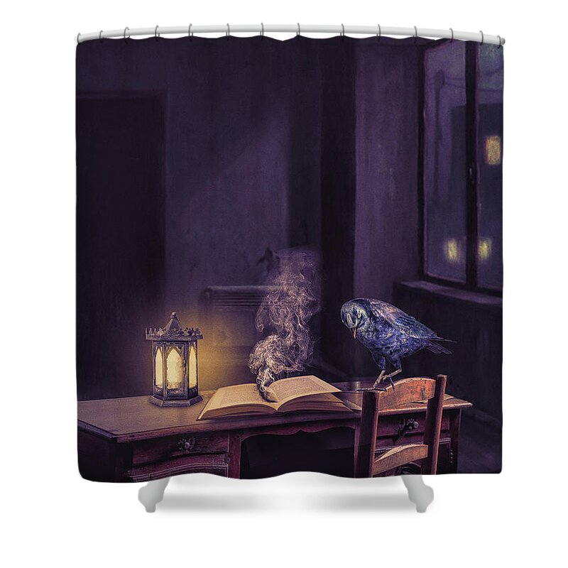 Crow Shower Curtain featuring the mixed media Working Overtime by Jim Hatch