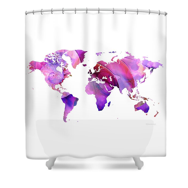 Map Shower Curtain featuring the painting World Map 20 Pink and Purple by Sharon Cummings by Sharon Cummings