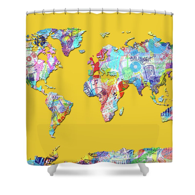 World Map Shower Curtain featuring the digital art World Map Music 13 by Bekim M